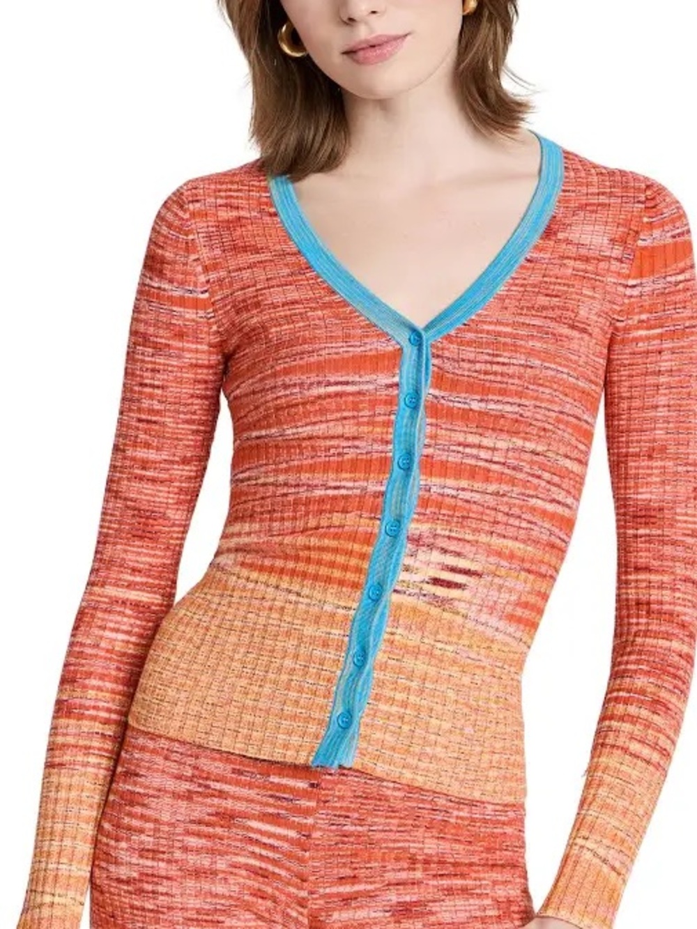 STAUD Orange Gradient V-Neck Button Cardigan with Blue Trim